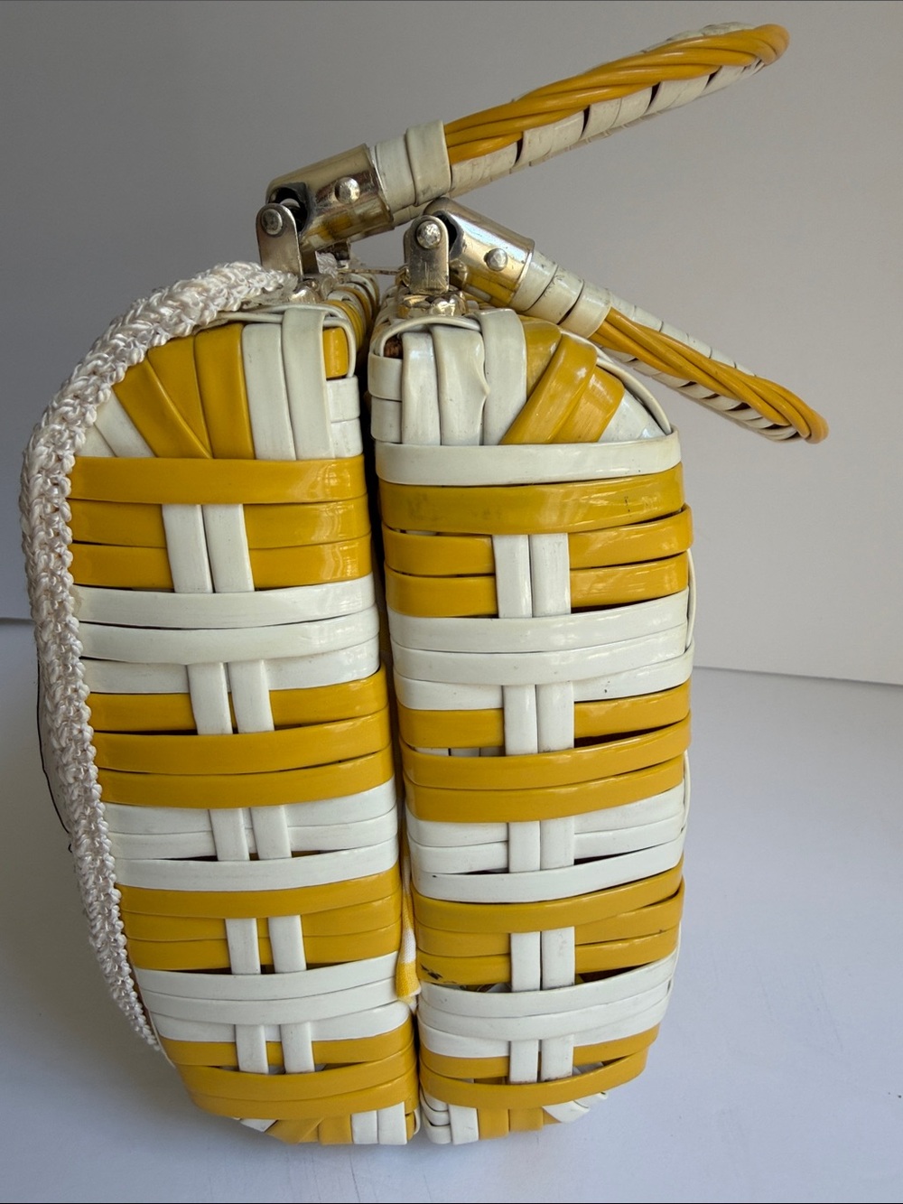 Rare 1960s Vintage Yellow Gingham Fur Accent Women's Handbag - Picture 7 of 15